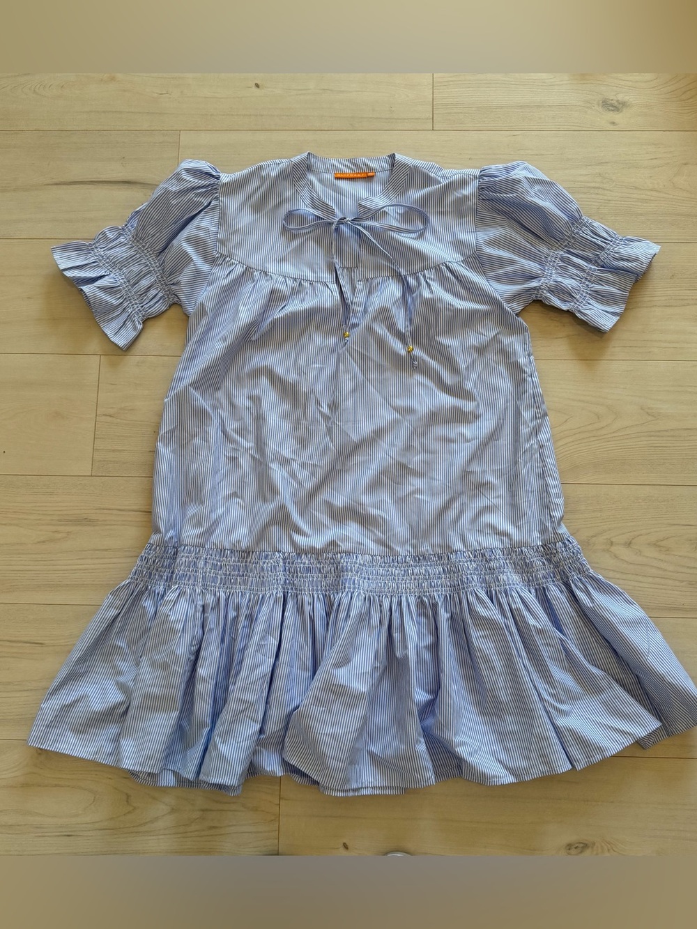 Oliphant Blue & White Striped Mini Dress with Puff Sleeves